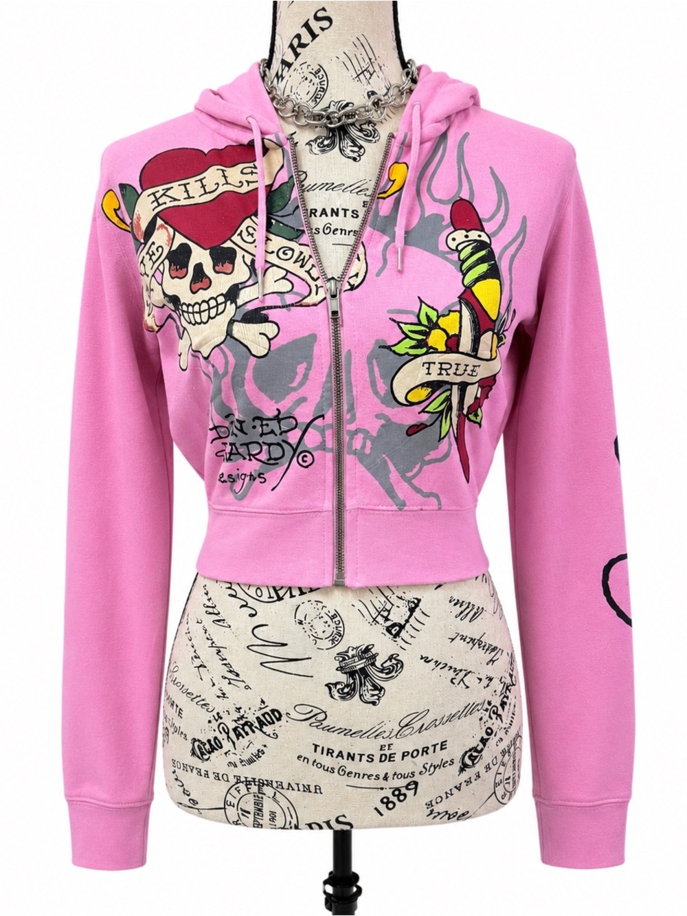 Ed Hardy Pink Tattoo Graphic Zip-Up Hooded Crop Sweatshirt